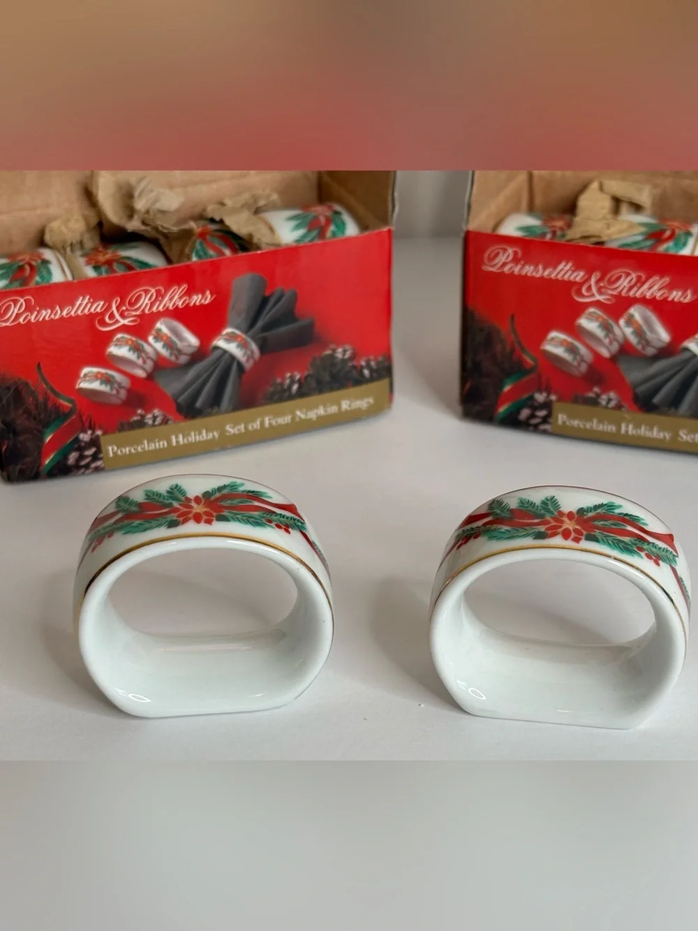HOLIDAY POINSETTIAS IN RIBBON NAPKIN RINGS (VINTAGE SET OF 8)
